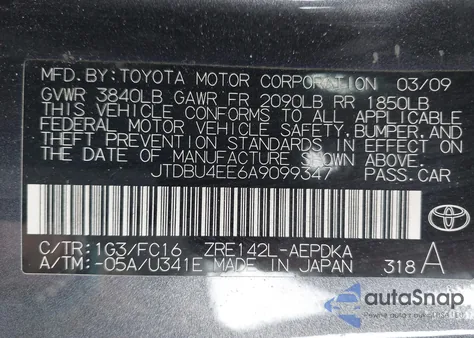 2010 Toyota Corolla Le из США, поврежденный, VIN JTDBU4EE6A9099347